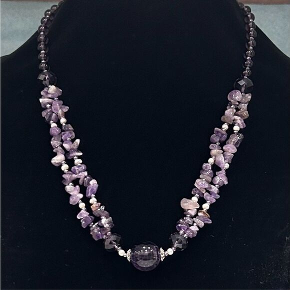 Purple Amethyst Chip Beads Double Strand Necklace 21" W/ Round Amethyst Pendant - Picture 1 of 7